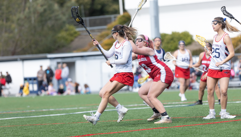 No. 7 Bianca Deranieri protects the ball from the Chico State Defender during the game on April 6 at the Recreational Turf Field.