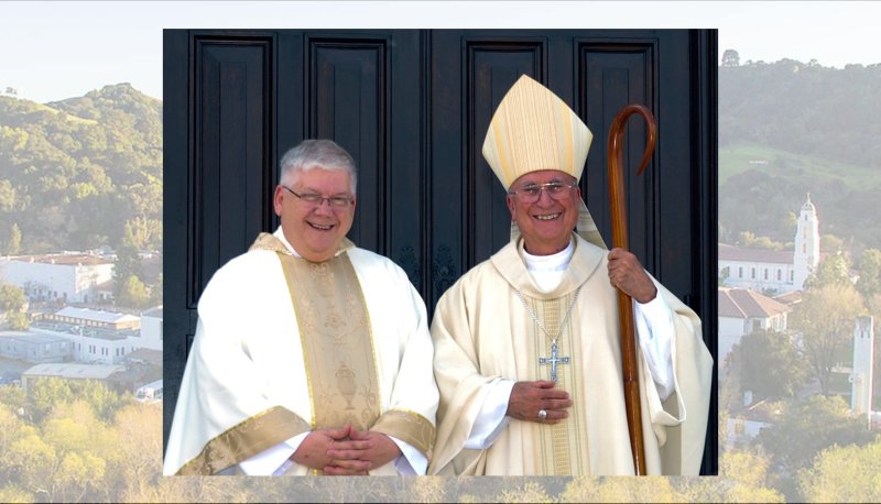 Fr. David Gentry-Akin, left, with Bishop of Stockton. In background is screened-back image of campus.