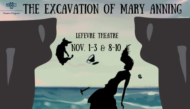 Woman, representative of Mary Anning, and dog falling off a cliff into an ocean