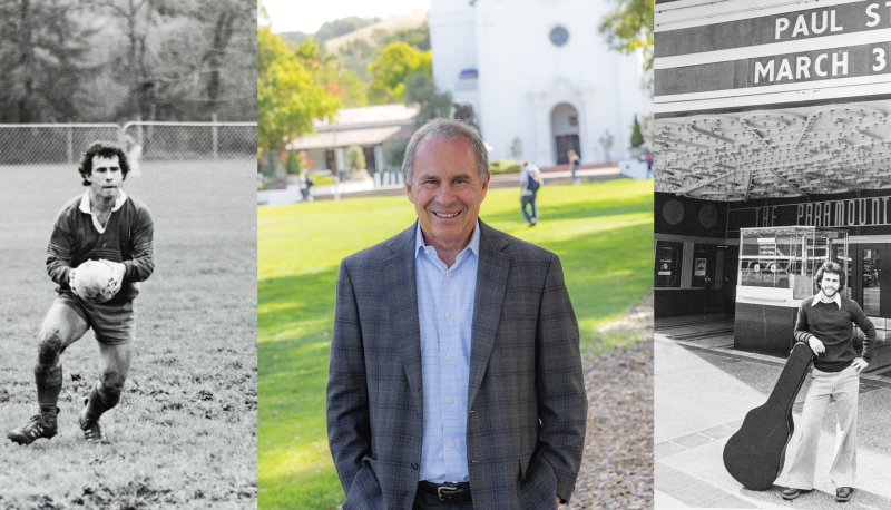 Paul Stich ’79, who was awarded the 2024 Patrick B. Vincent Lifetime Achievement Award pictured playing rugby (left) and sharing his musical talent as a Saint Mary’s College student (right).