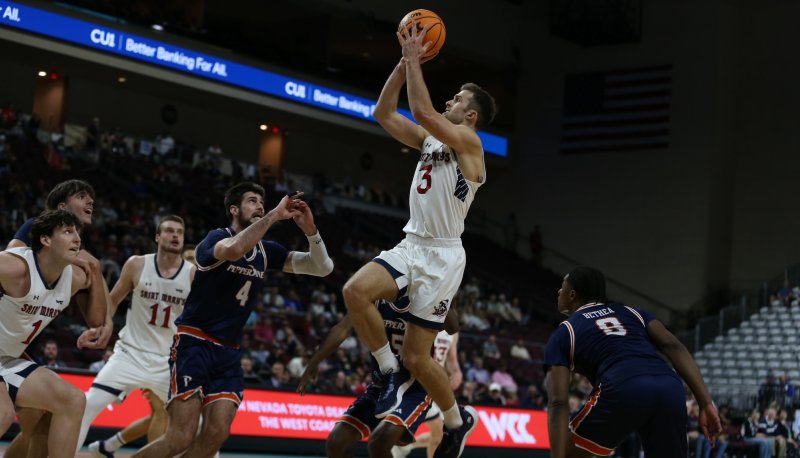 Men's Basketball Player Augustas Marciulionis shoots against Pepperdine in 2025 WCC Semifinals