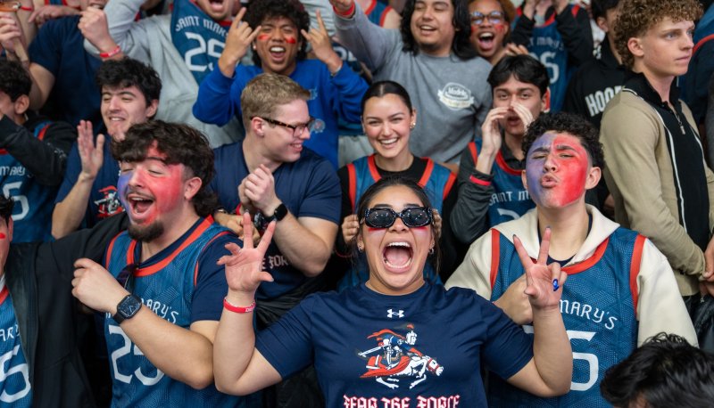 Students on Gael Force cheer in the crowd against Gonzaga in February 2025