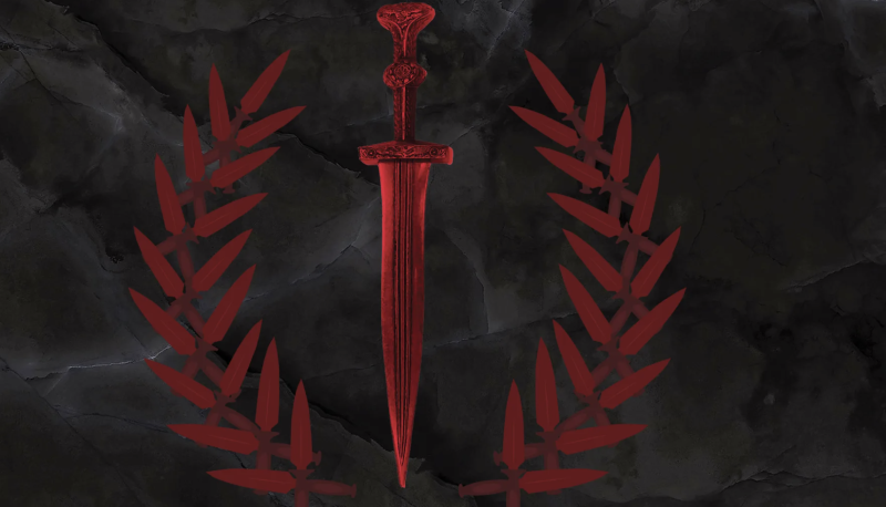 Image of red knife in sheath with laurels encircling it for Julius Caesar publicity poster.