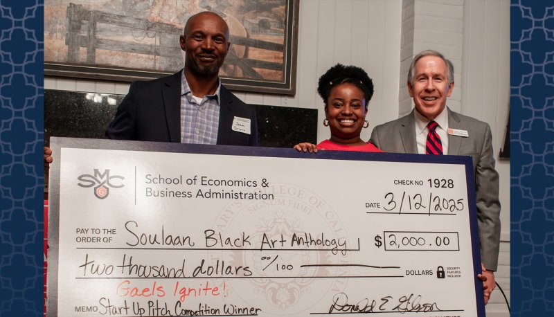 Winner of Gaels Ignite 2025 competition with dean and judge