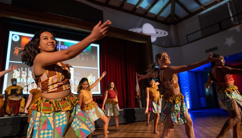 Saint Mary's students performing traditional West African dance at the Cultural Night Showcase