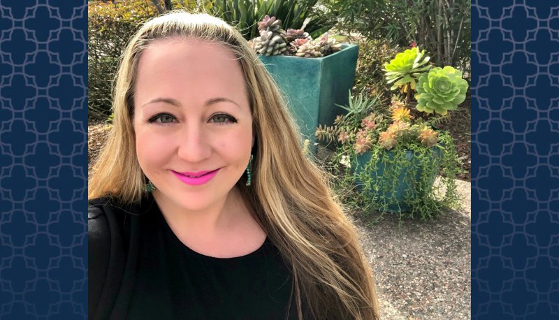 Professor Mary Raygoza with plants in the background, with photo inset in a blue patterned background
