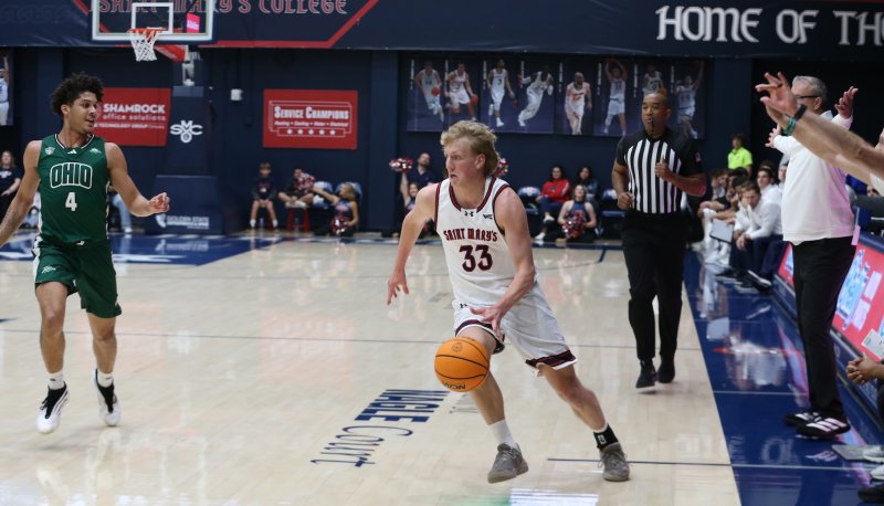 SMC Men's Basketball player Liam Campbell drives against Ohio in November 2025