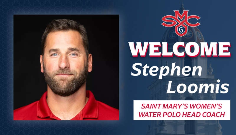 Women's Water Polo Coach Stephen Loomis in layout with graphic and text