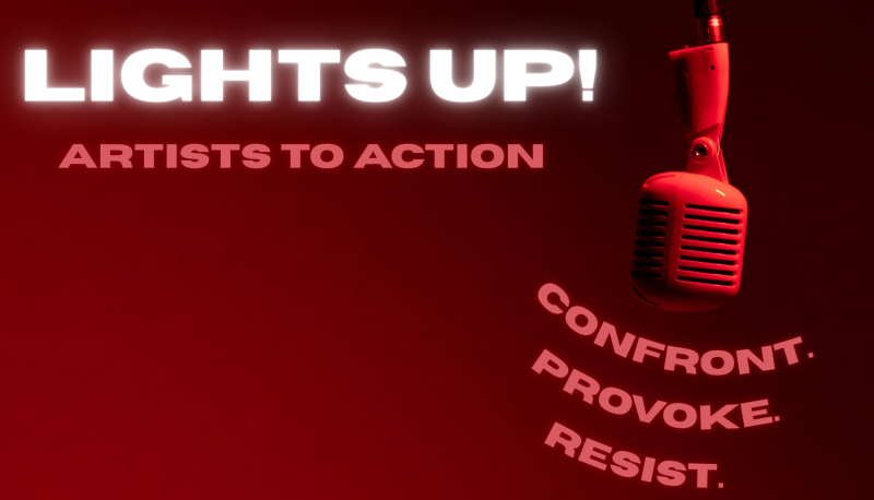 a microphone hangs down with a red background