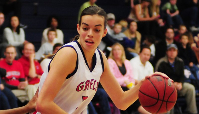Women's Basketball player Louella Tomlinson dribbles the ball