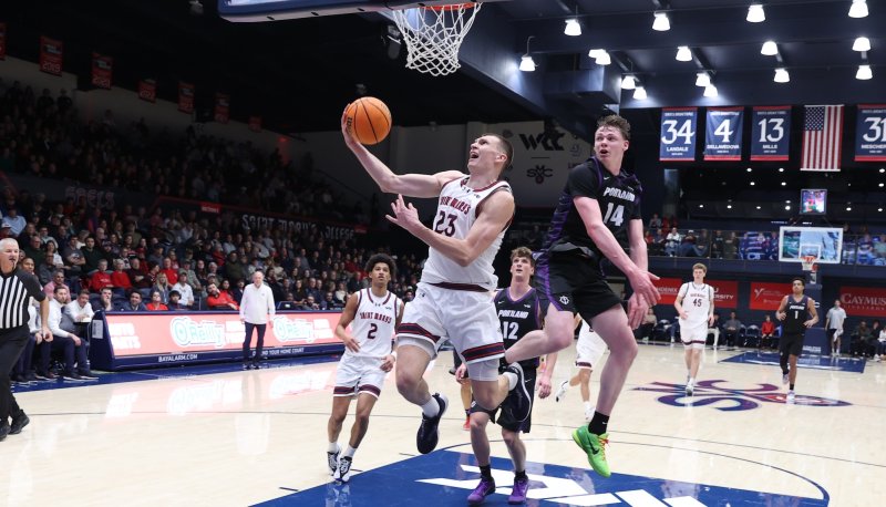 Basketball player Paulius Murauskas shoots against Portland in January 2026