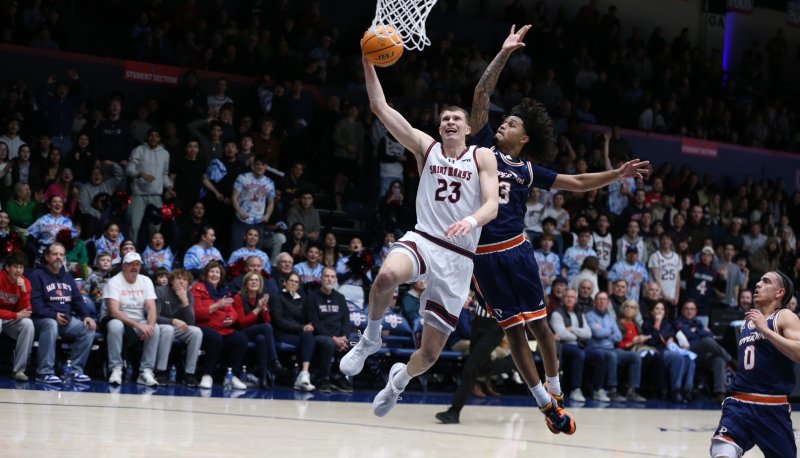 Basketball player Paulius Murauskas drives against Pepperdine in February 2026