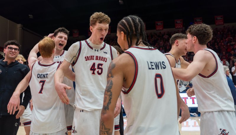 Saint Mary's Basketball players celebrate winning WCC Title in February 2026