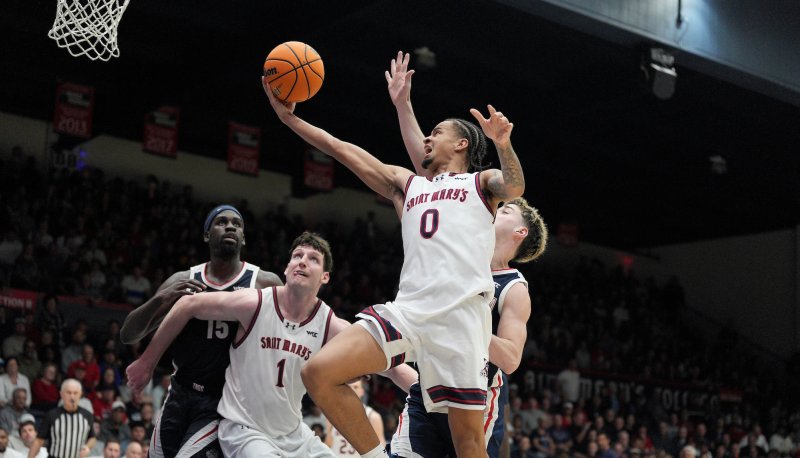 Men's basketball player Mikey Lewis shoots against Gonzaga in February 2026