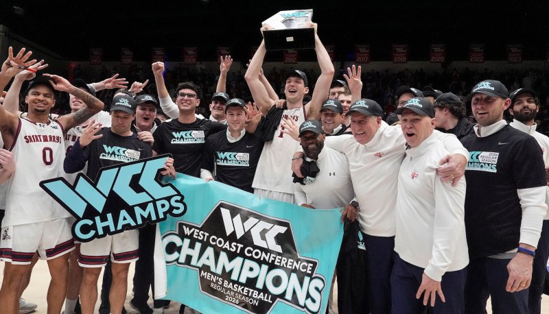 SMC Men's Basketball team celebrates winning 2026 WCC Championship
