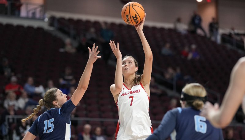 Women's basketball player Edie Clarke shoots against San Diego in 2026 WCC Tournament