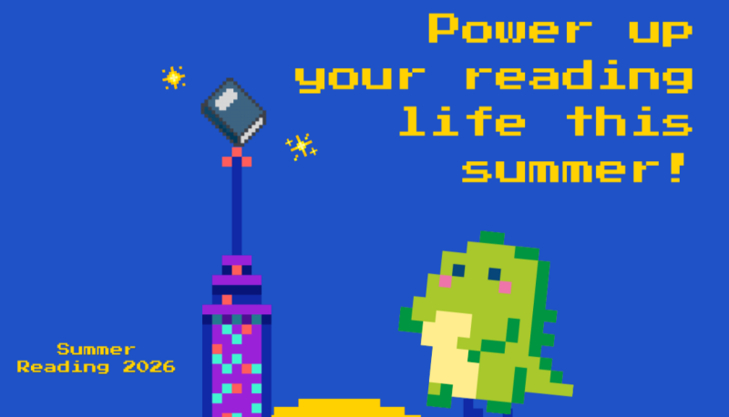 9-bit style image of Godzilla climbing the Empire State Building reaching for a book