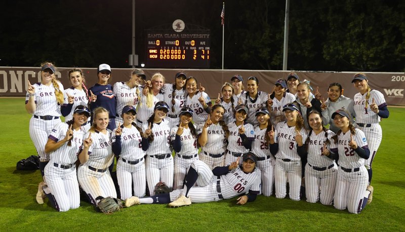 Softball team holding up index fingers to mark winning WCC title at Santa Clara in May 2026