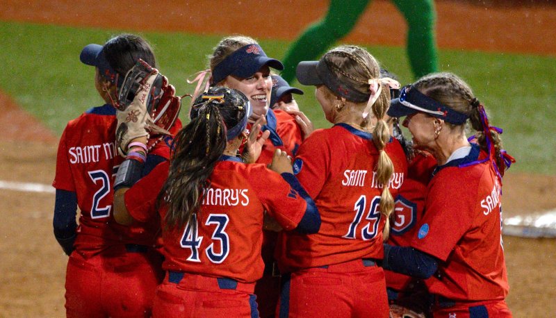 Six Softball players celebrate defeating Oregon in 2026 NCAA Regional