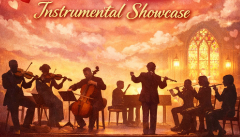 Flyer for Love Is All Around Instrumental Showcase with hearts all over and a sillhouetted symphonic band