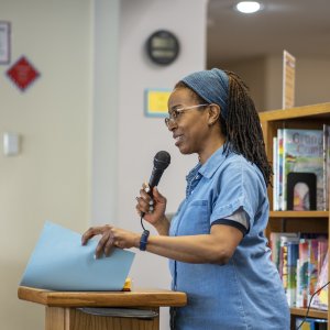Former Visiting Writer Yona Harvey reading at Pause for Poetry.