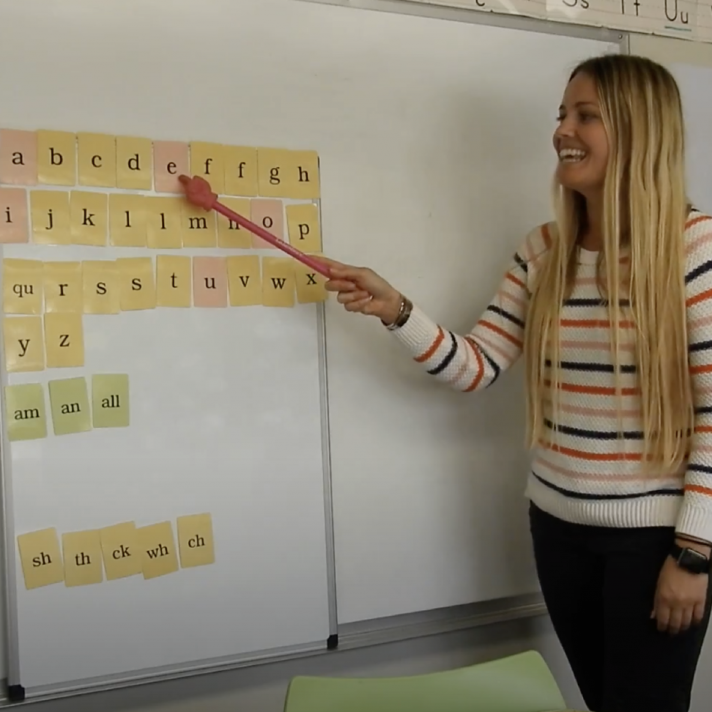 A teacher with a pointer in front of a whiteboard