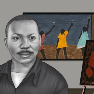 Stylized portrait of Jacob Lawrence in front of art