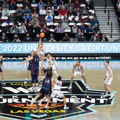 WCC Basketball Tournament 2022 floor shot with Gaels playing