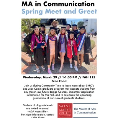 Graphic for the MA in Communication Spring Meet and Greet highlighting last year's cohort.