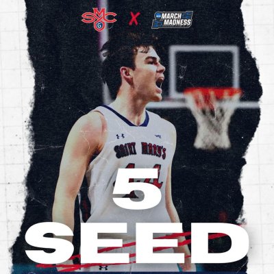 Basketball player Alex Ducas, SMC Logo, and March Madness logo and words 5 Seed 2023 NCAA Tournament