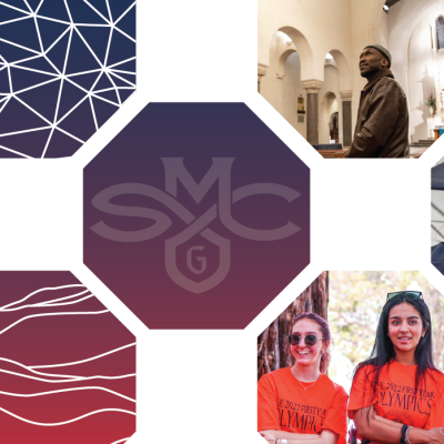 Cover of 2023 SMC Branding Guidelines including photos of people and chapel and SMC logo