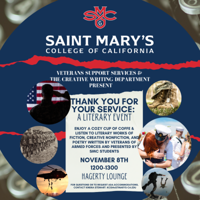 literary event flyer with images of veterans of the armed forces