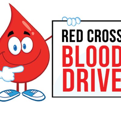 Drop of blood with a smile holding a sign that says red cross blood drive