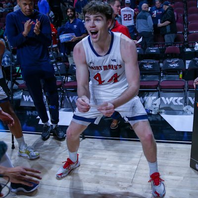Men's Basketball Player Alex Ducas celebrates at the WCC Semifinals, March 2024
