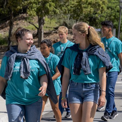 Saint Mary's students wearing denim and teal T-shirts for Denim Mile in April 2023