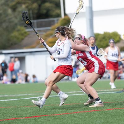 No. 7 Bianca Deranieri protects the ball from the Chico State Defender during the game on April 6 at the Recreational Turf Field.