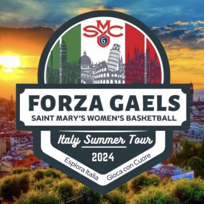 Background photo of Rome with text in foreground: FORZA GAELS. Saint Mary's Women's Basketball Italy Summer Tour 2024