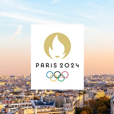 Paris skyline with Paris 2024 Olympics logo in foreground