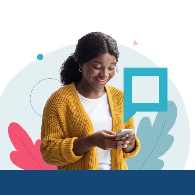 Woman holding phone with illustration to right from TimelyCare App