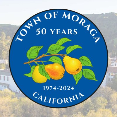Screened-back image of Saint Mary's campus with 50th Anniversary Town of Moraga Logo in front of it