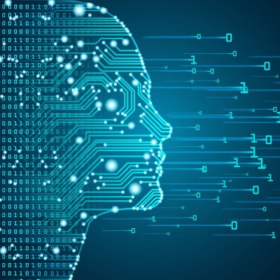 Illustration of a human face becoming 1s and 0s, to represent AI