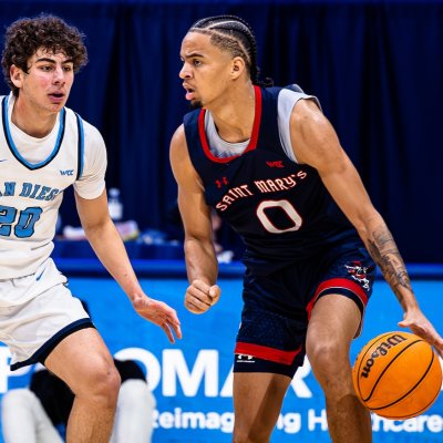 Men's Basketball player Mikey Lewis with the ball against San Diego in January 2025