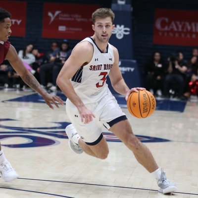 Men's Basketball player Augustas Marciulionis drives against Santa Clara in February 2025