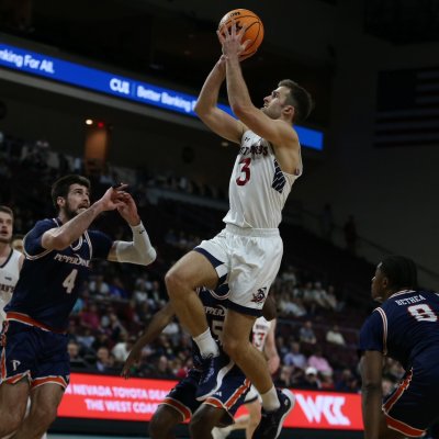 Men's Basketball Player Augustas Marciulionis shoots against Pepperdine in 2025 WCC Semifinals