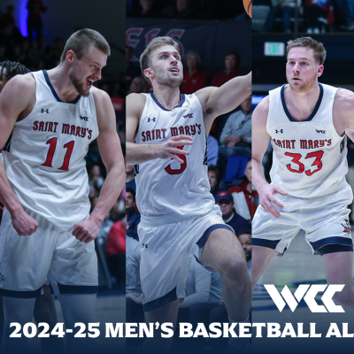 Five Men's Basketball Players and the text "WCC All Conference Honors"