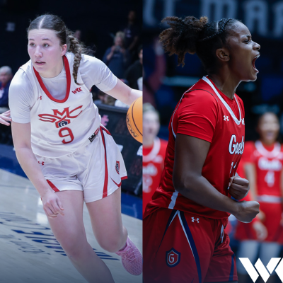 Women's Basketball 2025 award winners with text WCC 2024-25 Women's Basketball All-Conference Awards