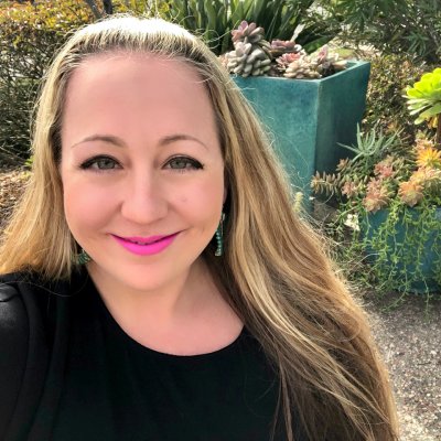 Professor Mary Raygoza with plants in the background, with photo inset in a blue patterned background