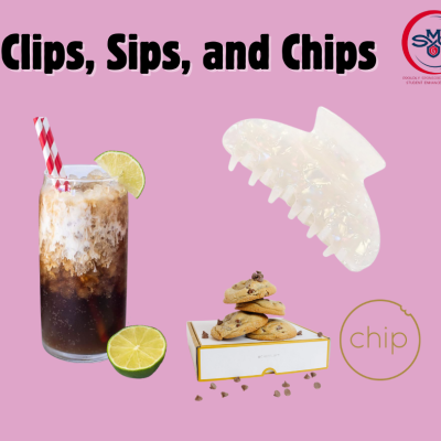 A glass of iced cola with lime beside cookies in a box, a large hair clip, and "Clips, Sips, and Chips" text on a pink background. Fun and casual.