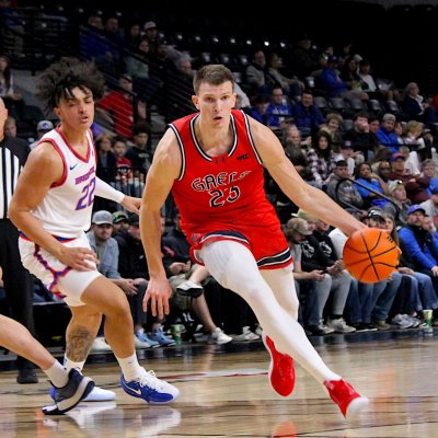 Men's Basketball player Paulius Murauskas drives against Boise State in December 2025