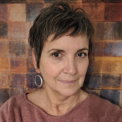 Professor Sheila Hassell Hughes with blue patterned background on sides